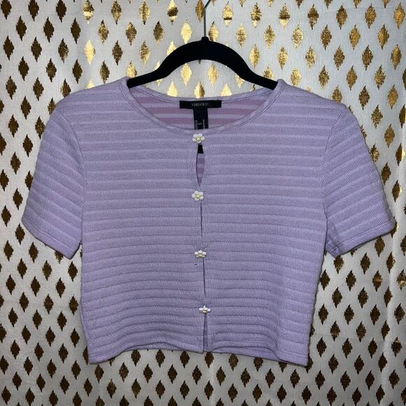 Forever 21 lilac lavender crop top ribbed cropped cardigan daisy shaped buttons - Picture 2 of 5